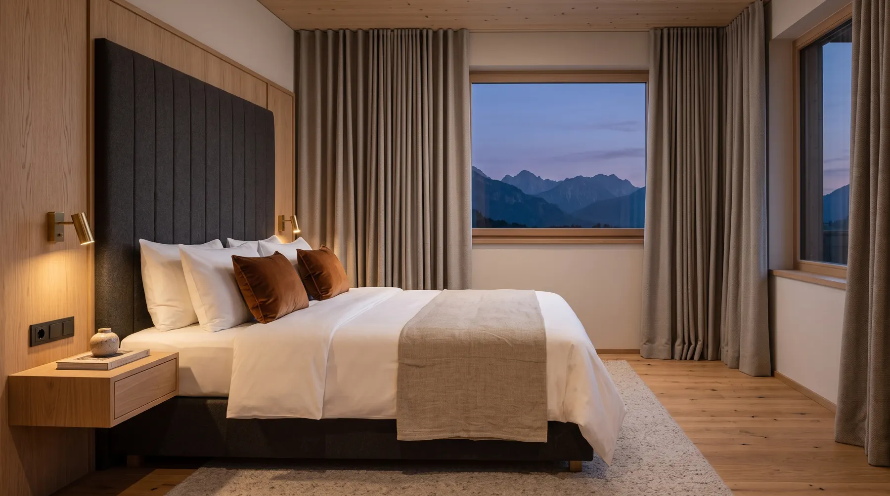 Hotelzimmer mit gepolstertem Bettrückenteil, Vorhängen und Kissen